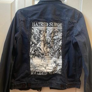 New handmade denim jacket with appliqué for hatred surge band.  Jacket by GAP